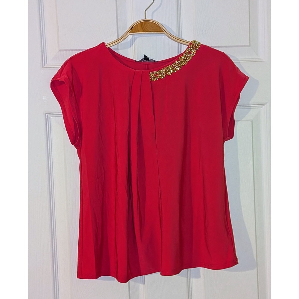 Tiana B Red Embellished Top XS Beaded Collar Pleated Party‎ Blouse NWT